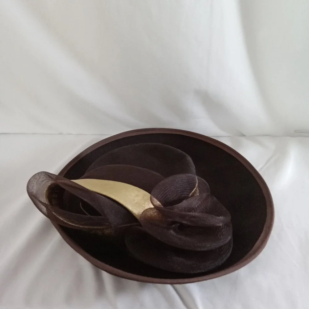 Bollman Bellini New York Brown Wool Felt Wide Brim Hat Gold Mesh Flower Vintage